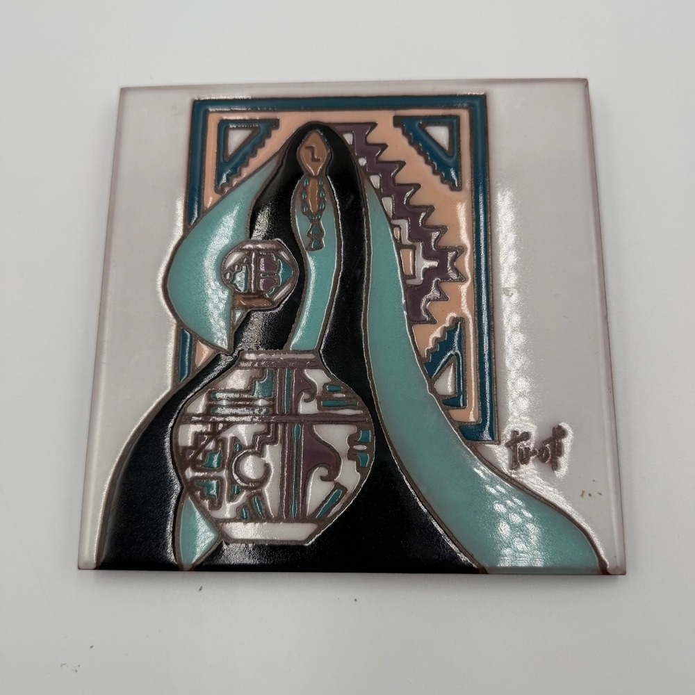Vintage 1990 Earthtones Southwestern Art Tile Trivet Tu-ok Signed Tucson Arizona